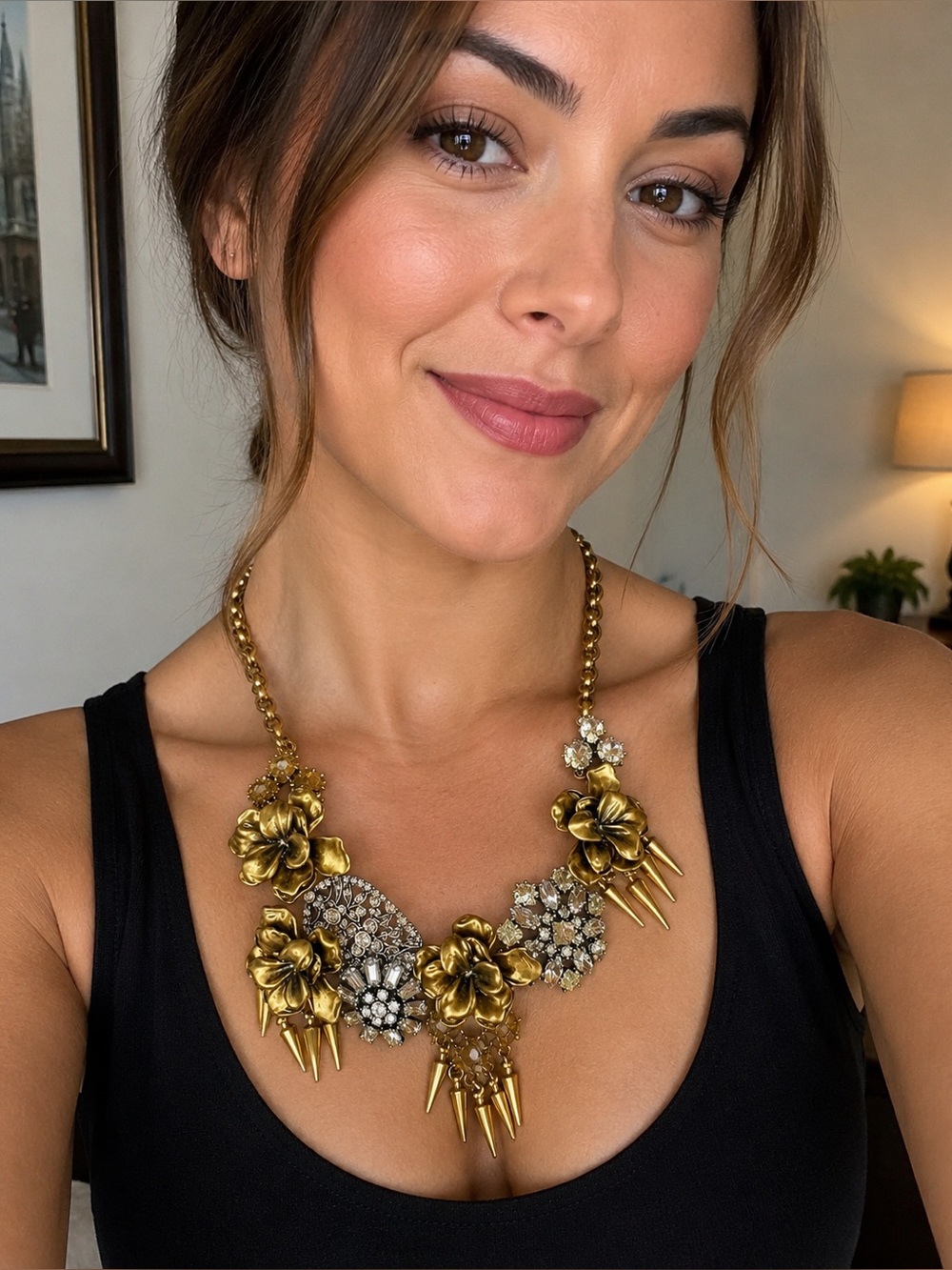 Stella & Dot Gold Floral Statement Necklace Rhinestone Spike Bib Bold